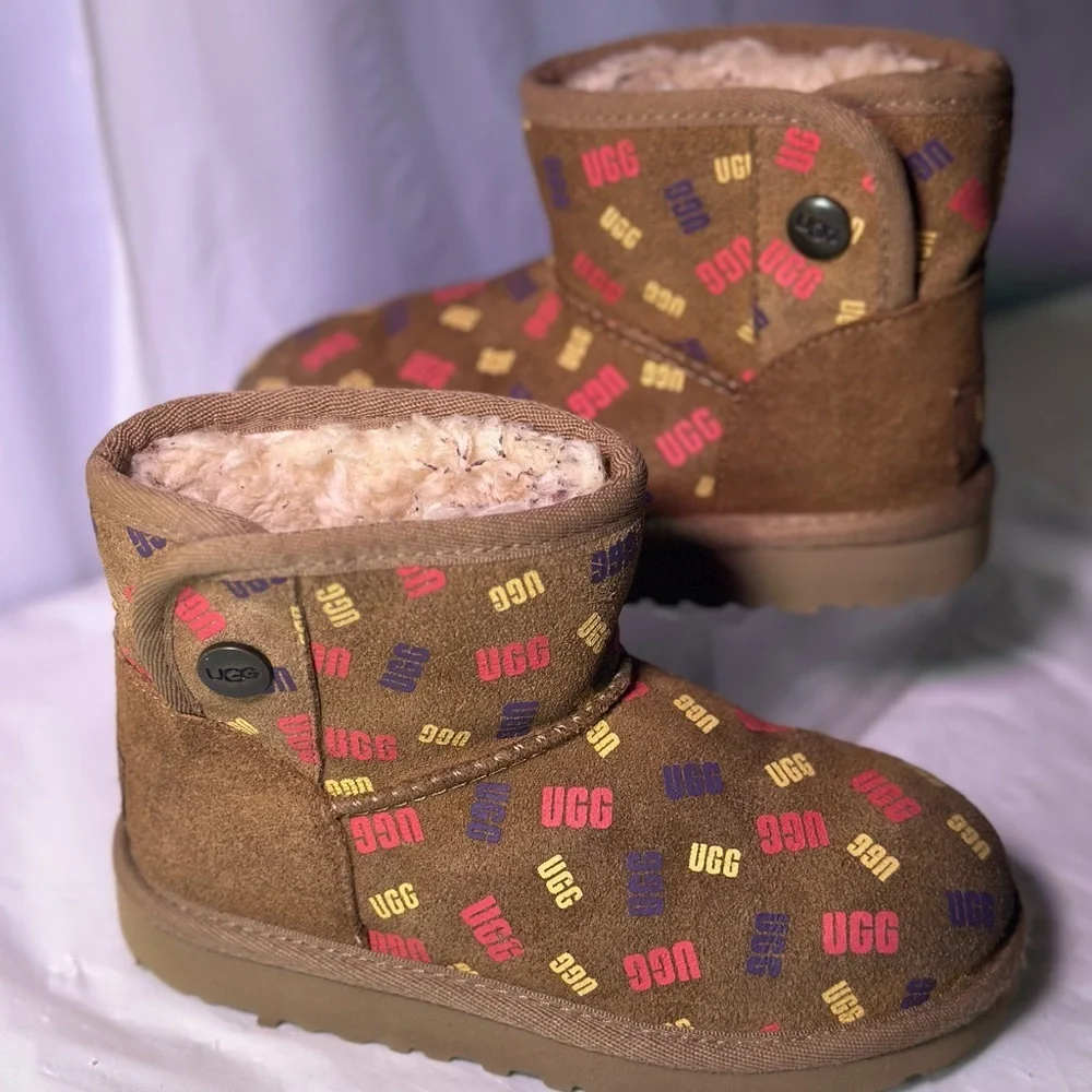UGG Chestnut Mini Boot with Red, Purple & Gold Logo Print